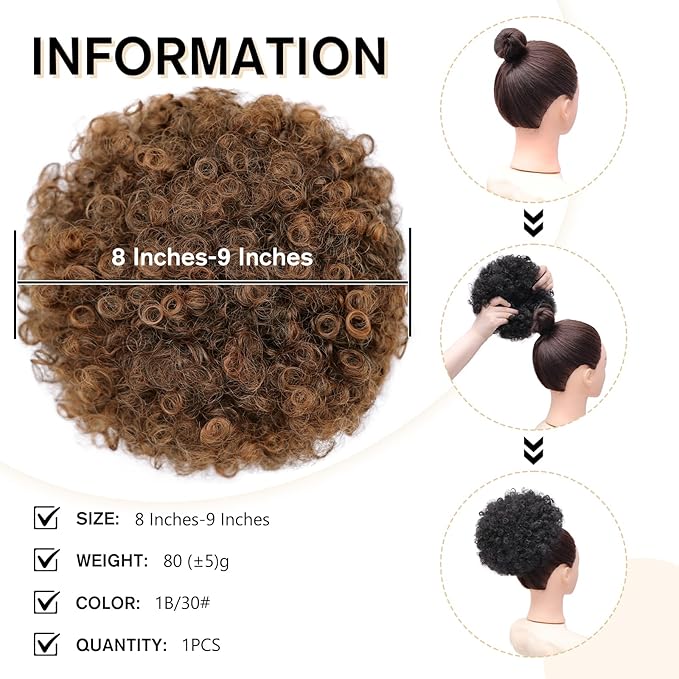 AISI QUEENS Synthetic Afro Puff Drawstring Ponytail Bun Extension Hairpieces Updo Hair Extensions Short Kinky Curly Hair Large Size（1B/30#）