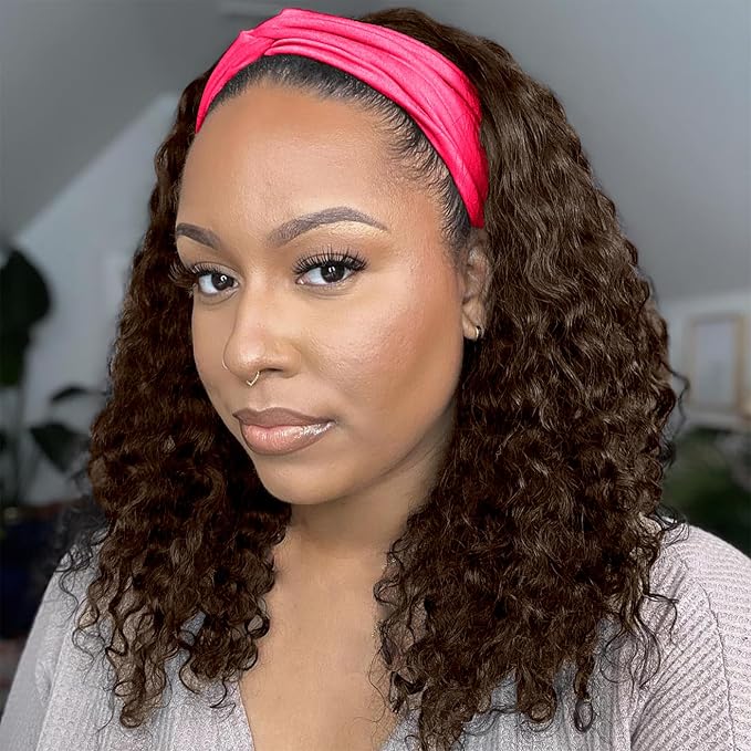 Chocolate Brown Headband Wig Human Hair Curly 18 Inch Machine Made None Lace Front Wig #4 Chocolate Brazilian Virgin Water Wave Headband Half Wigs for Black Women Human Hair