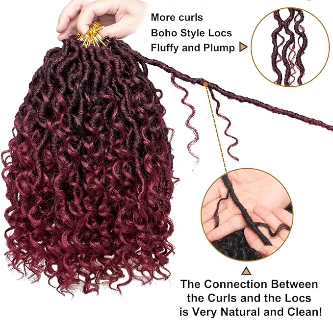 COOKOO 8 Packs Goddess Locs Crochet Hair Burgundy Red 12 Inch Faux Locs Crochet Hair Pre Looped Curly Crochet Locs Hair for Black Women Boho Hippie Locs Synthetic Hair Extensions Tbug#