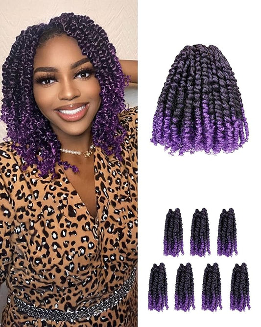 Super Short Passion Twist Crochet Hair for Black Women and Kids-6 Inch 7 Packs Ombre Purple Pre Looped Pre-twisted Passion Twist Hair,Bob Spring Kinky Twist Bohemian Curl(6"-7P,Tpurple)