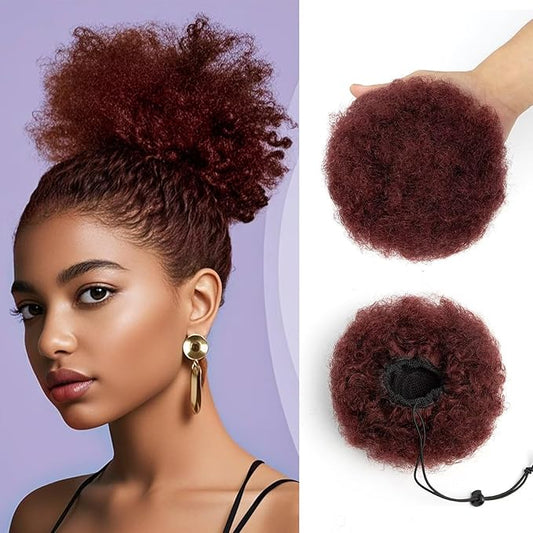 Afro Puff Clip On Human hair Drawstring Ponytail for Black Women,Ponytail Extension 6 Inch #99j Burgundy 50g Short Afro Kinkys Curly Afro Bun Extension Hairpiece