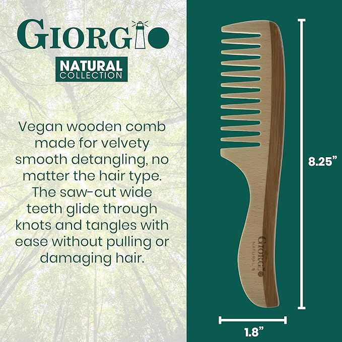 Giorgio GIONAT5 Natural Wooden Detangling Comb with Comfortable Handle - Wide Tooth Comb for Curly Hair, Bamboo and Beechwood Hair Combs for Thick Hair - Organic Wooden Hair Comb for Men and Women