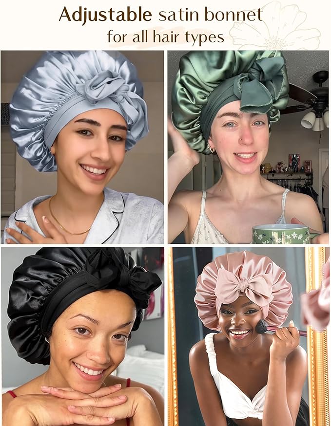 YANIBEST Silk Bonnet for Sleeping Women Adjustable Double Layer Satin Bonnet Reduce Friction Prevent Frizz Natural Curly Hair