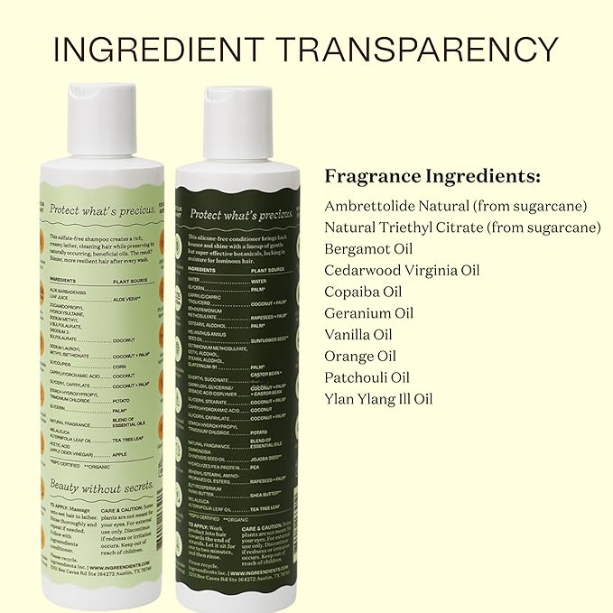 Ingreendients Non Toxic Vegan Shampoo and Conditioner with Organic Ingredients, Apple Cider Vinegar, Tea Tree Oil - Color Safe, Paraben & Gluten Free, Silicone & Sulfate Free, pH Balanced