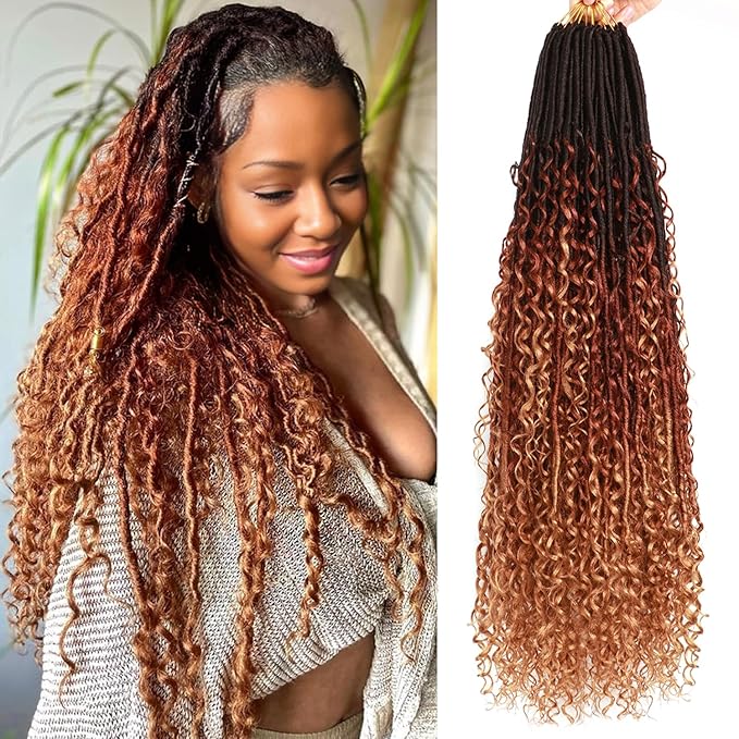 Goddess Locs Crochet Hair-30 Inch 8 Packs Boho Faux Locs Crochet Hair for Black Women Pre Looped Soft Locs with Curly Ends (1B/30/27, 30 Inch(Pack of 8))