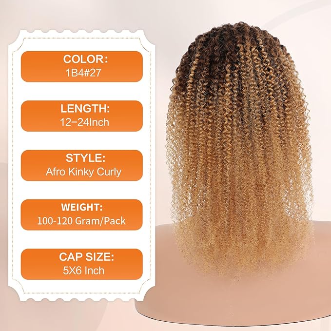 Afro Kinky Curly Ponytail Human Hair 150% Density Brazilian Virgin Hair 4C Afro Puff Drawstring Ponytail Extension for Black Women Dark Brown mix Honey Blone Color （18 Inch 1B4#27）