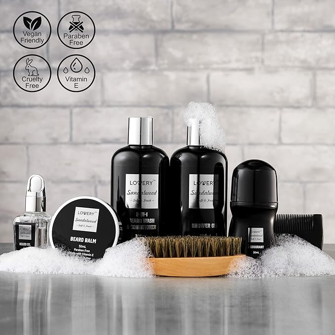 Gifts for Men, Mens Body And Wash Gift Set Beard Kit and Body Care, Unique for Dad Sandalwood Spa Baskets, Bath and Beard Grooming Kit, Gifts for Husband Him Beard Balm Growth Oil