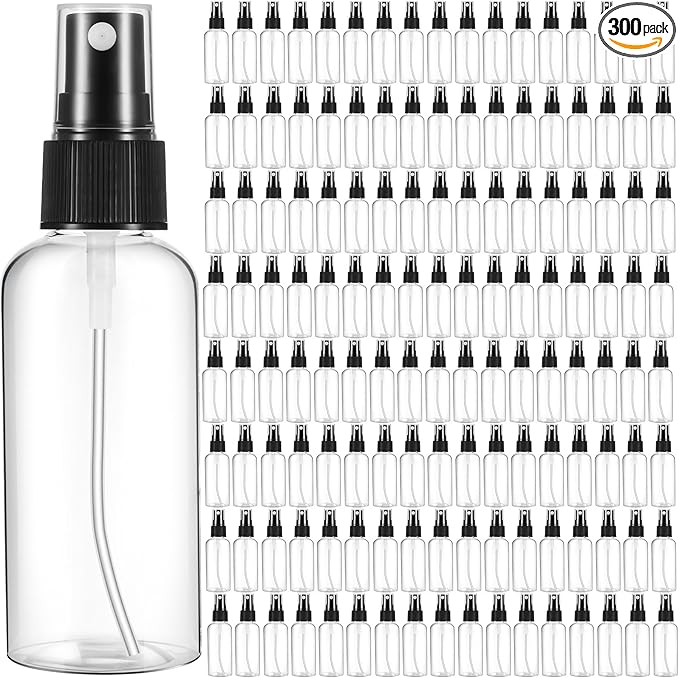 Roshtia 300 Pcs 2 oz Plastic Mini Spray Bottles with Black Cap Clear Empty Fine Mist Spray Bottles Refillable Liquid Container for Essential Oils Perfumes Travel Makeup