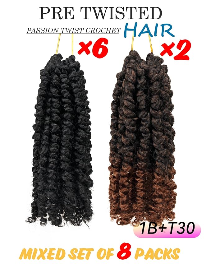 Passion Twist Crochet Hair 8 Inch Pre Looped - Mixed Color Combo Pack (6 x 1B + 2 x T1B/30), Pre-twisted Soft & Bouncy Synthetic Braided Hair Extensions For Black Women (8 Inch - 8 Packs, 1B + T30)