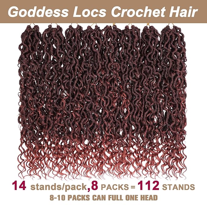COOKOO 8 Packs (14 Strands/PCS) Goddess Locs Crochet Hair 18 Inch Bohemian Faux Locs Crochet Hair with Curly Ends Pre Looped Locs Hair Goddess Locs Synthetic River Locs Hair T350