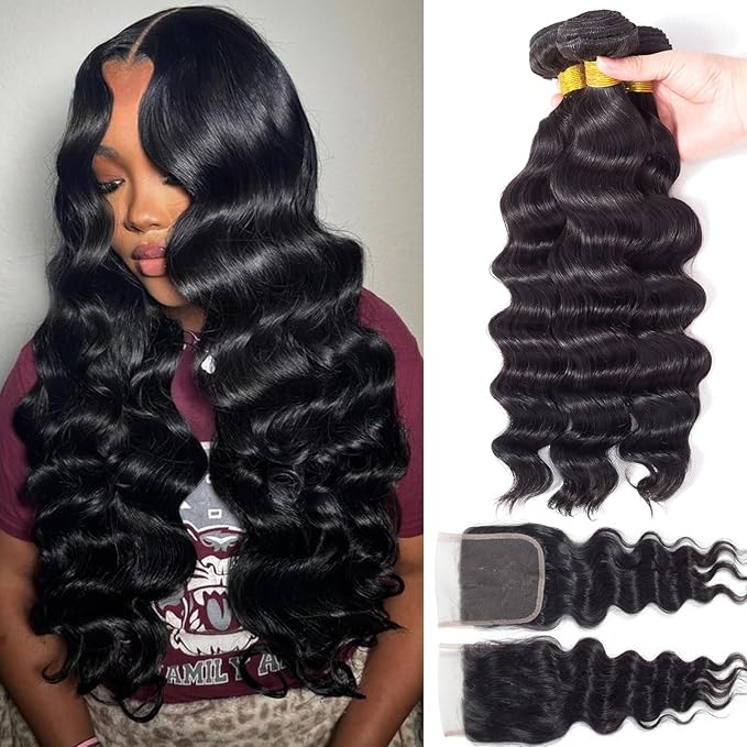 Loose Wave Bundles Human Hair with Closure (20 22 24+18) 12A Brazilian Virgin Human Hair Loose Deep Wave 3 Bundles with 4x4 HD Lace Closure Unprocessed Human Hair Extension Natural Color