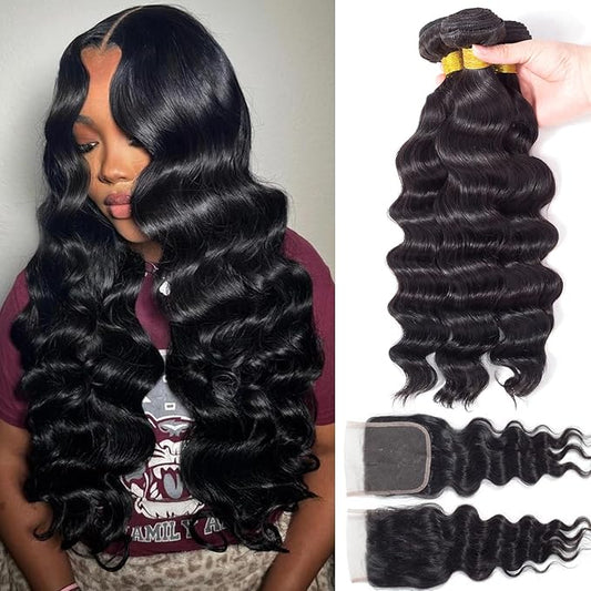 Loose Wave Bundles Human Hair with Closure (20 22 24+18) 12A Brazilian Virgin Human Hair Loose Deep Wave 3 Bundles with 4x4 HD Lace Closure Unprocessed Human Hair Extension Natural Color