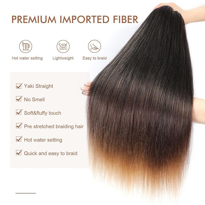Pre-stretched Ombre Brown 3 Tones Long Braiding Hair - 20 Inch 8 Packs, Yaki Texture Hot Water Setting Synthetic Braiding Hair For Twist or Box Braids