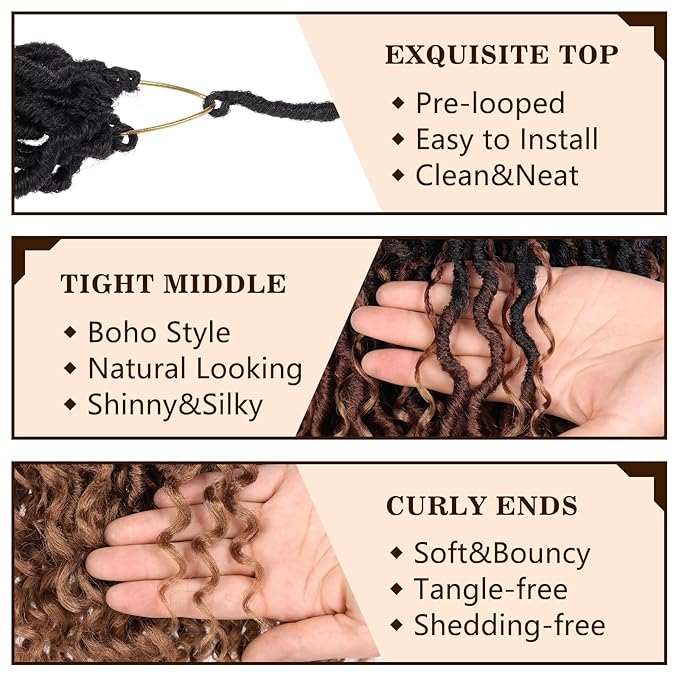 COOKOO 18 Inch New Goddess Locs Crochet Hair 8 Packs Ombre 3 Tones Wavy Faux Locs Synthetic Hair with Curls Pre Looped Curly Crochet Locs for Black Women Boho Hippie Locs Hair Extensions 1B/30/27#