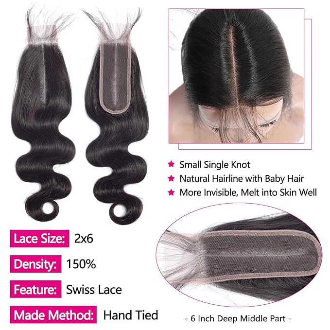 12A Body Wave Bundles with 2x6 Closure Human Hair 24 26 28+20 Inch Brazilian Virgin Body Wave Human Hair Weave 3 Bundles with 2x6 HD Lace Closure