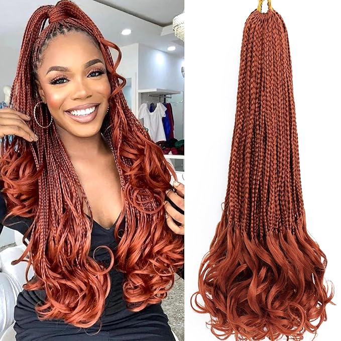 French Curl Crochet Braids 22 Inch 8 Packs Goddess Box Braids Crochet Hair for Women Ginger Pre Looped Crochet Box Braid with Curly Ends Synthetic French Curly Braiding Hair Extensions (350#)