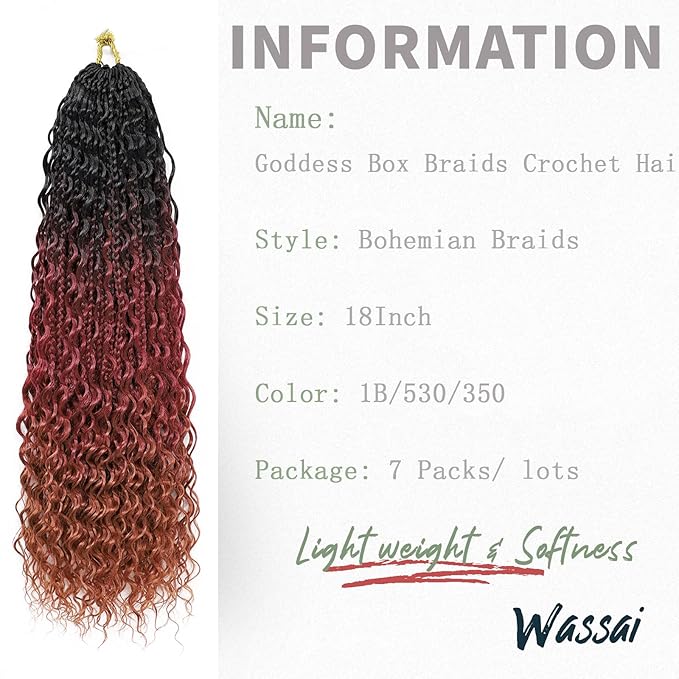 18 Inch 7 Pack Goddess Box Braids Bohemian Crochet Boho Box Braids With Curly Ends Pre-looped Crochet Braids Hair for Women Synthetic Braiding Hair Extensions,1B/530/350