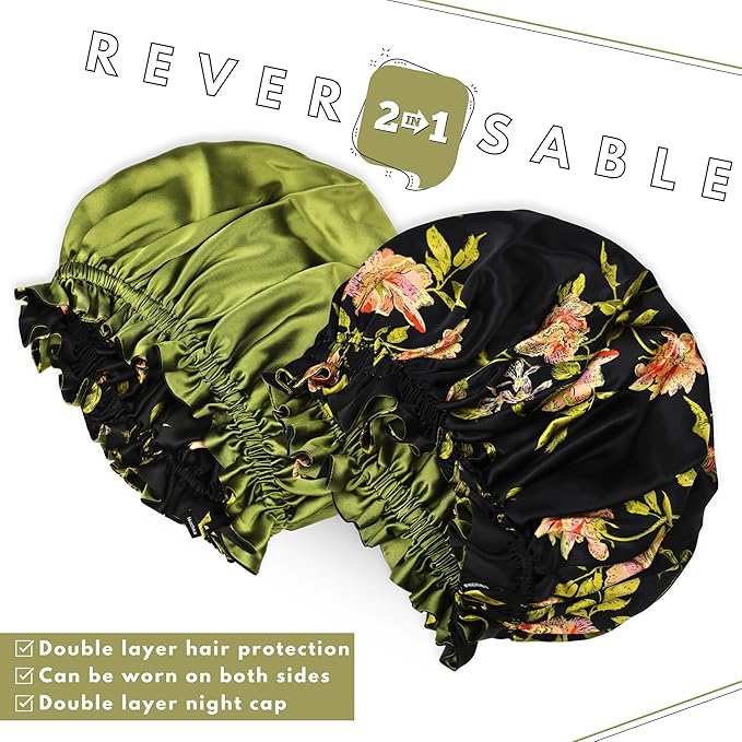 100% Mulberry Silk Bonnet for Women – Handmade in USA, 19 Momme Double-Layer Reversible Hair Wrap, Non-Slip Sleep Cap for Curly & Natural Hair, Luxury Hair Protection (Wild Rose)