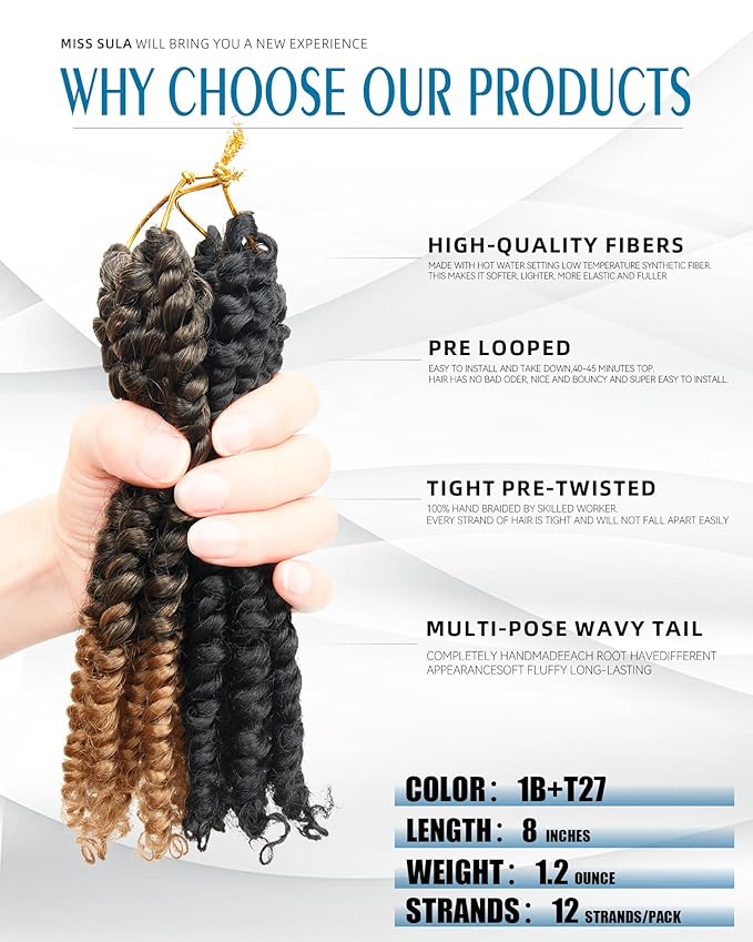 8 Inches 8 Packs Passion Twist Crochet Hair-Mixed Color Combination Package(6 packs 1B+2 pack T27),Pre-twisted Pre Looped Synthetic Spring Kinky Twist Hair Extensions(8"-8 Packs,1B+T27)