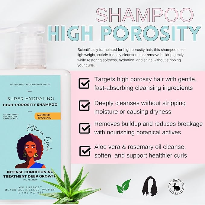 Ethnic Gals High Porosity Shampoo - Super Hydrating & Moisture-Locking Cleanse for Curly, Coily Hair with Aloe Vera & Argan Oil, 9.5 fl oz (280ml)