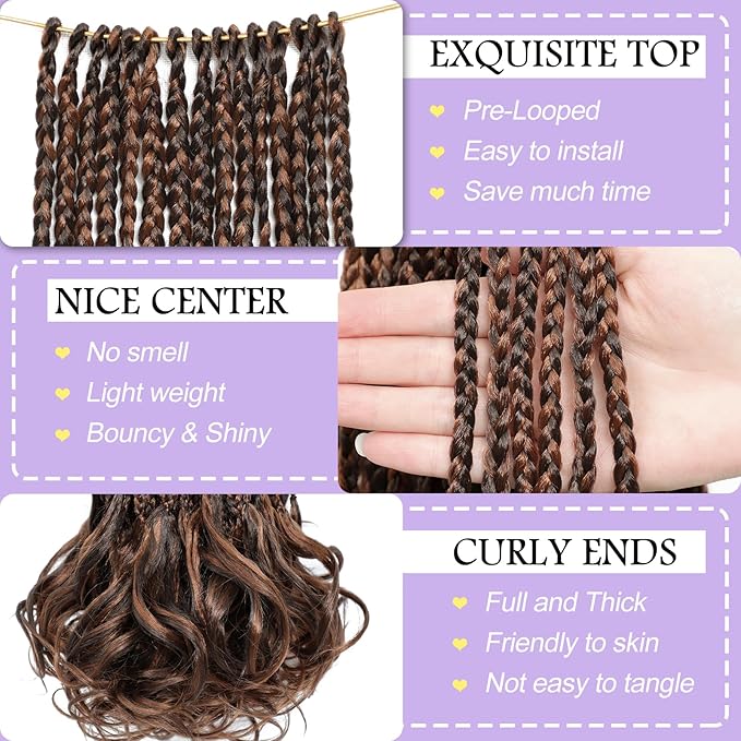French Curly Braiding Hair Pre looped 18 Inch 8 Packs Crochet Hair for Women Dark Brown mix Brown Crochet Box Braids with Curly Ends Synthetic Hair Extensions P4/30#