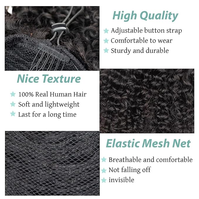 Ponytail Extension Human Hair Curly Ponytail Extension for Black Women Short Afro Puffs Hair Buns Drawstring Ponytail Human Hair (10 Inch #1B Natural Black)
