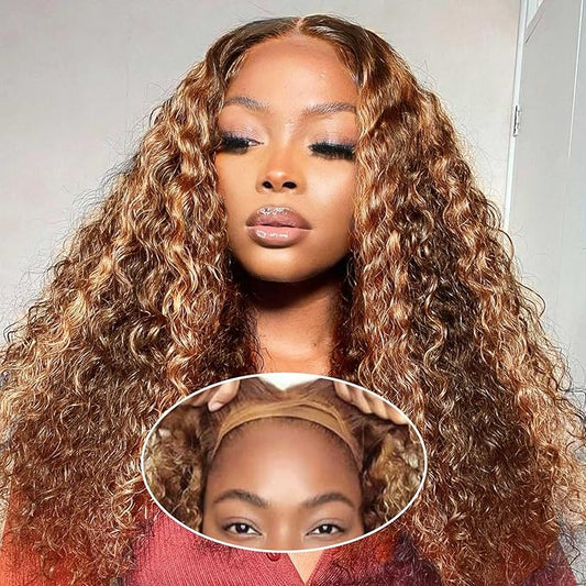 Curly Bob Wig Human Hair Deep Wave Glueless Wigs Human Hair Pre Plucked Pre Cut 5x5 Wear And Go HD Lace Closure Wigs Human Hair For Black Women 200% Density Highlight Color 18 Inch