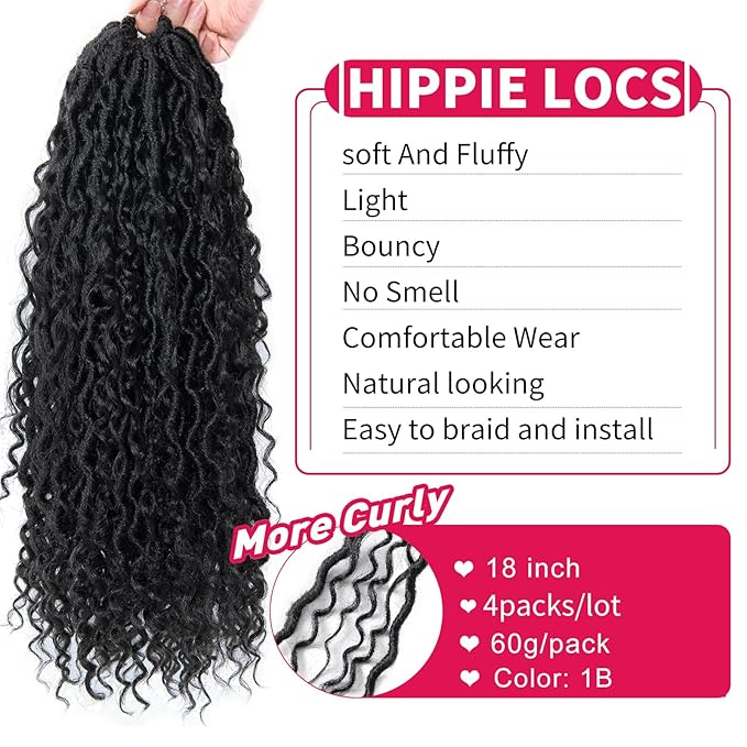 Goddess Locs Crochet Hair 18Inch Boho Faux Locs With Curly Ends River Hippie Loc Crochet Hair Pre Looped Bohemian Crochet Braids for Black Women 4Packs(1B, 18inch)