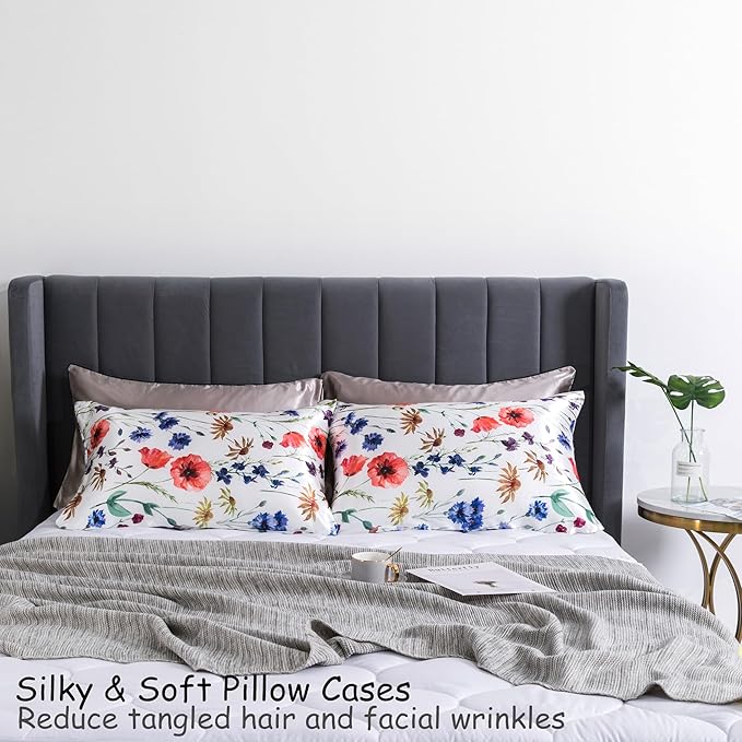 Satin Pillowcase for Hair and Skin, Super Soft and Cooling Similar to Silk Pillow Cases 2 Pack with Envelope Closure Standard Size Satin Pillow Covers, Gifts for Women(20"x26", Floral)