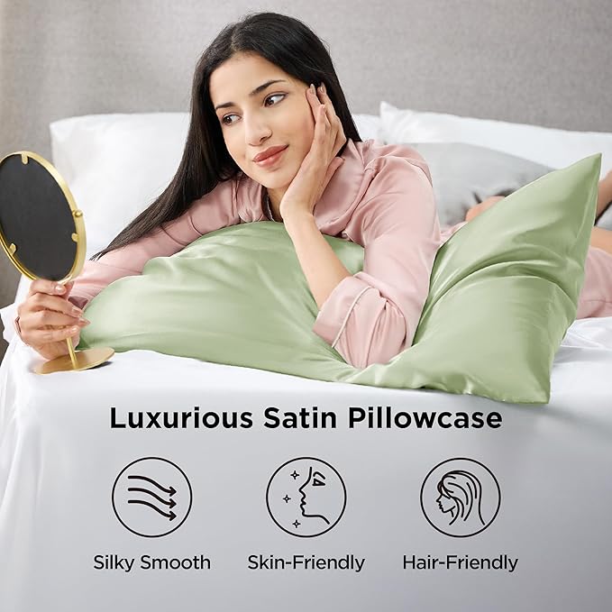 Bedsure King Size Satin Pillowcase Set of 2 - Laurel Green Silky Pillow Cases for Hair and Skin with Envelope Closure, Similar to Silk Pillow Cases, Gifts for Women Men, 20x36 Inches, 2pcs