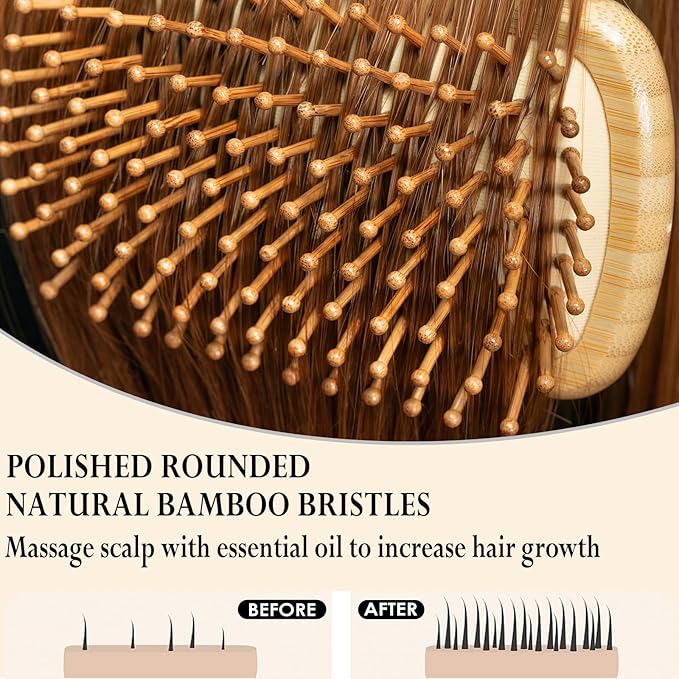 Bamboo Brush for Hair Growth, Natural Bamboo Bristles Detangling Paddle Hair Brush for Women Men and Kids Massaging Scalp, Wooden Brush with Ergonomic Handle for All Hair Types