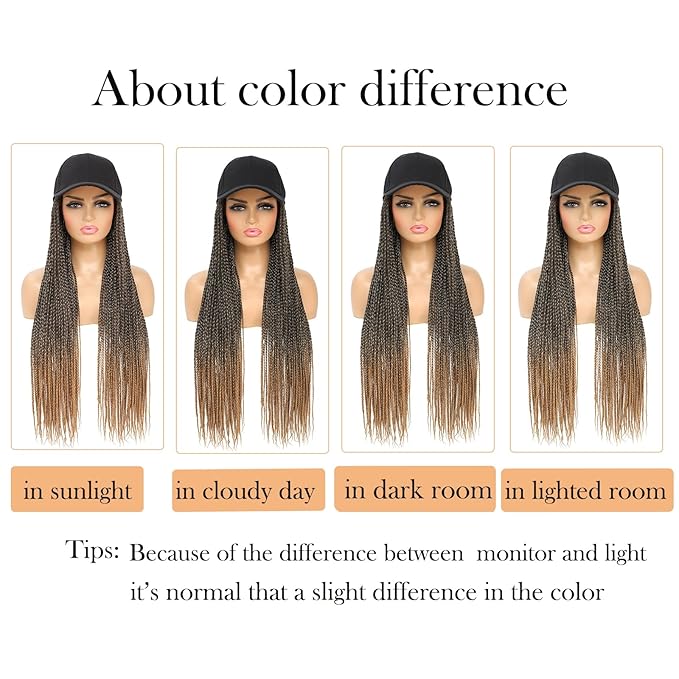 Hat Wig for Women Baseball Cap with Braided Hair Attached Synthetic Box Braid Wig Hat Adjustable Cap with ombre light brown Braids for Daily Outdoor Use(BL-T27)