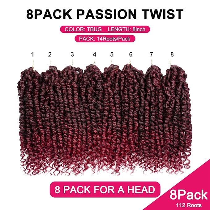 Passion Twist Hair For Kids - 8 Packs 8 Inch Passion Twist Crochet Hair For Women, Crochet Pretwisted Curly Hair Passion Twists Synthetic Braiding Hair Extensions(8 Inch 8 Packs, TBUG)