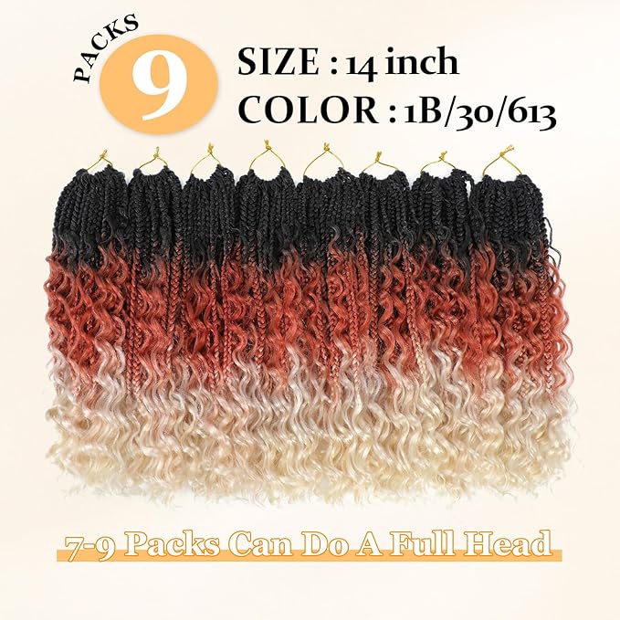 14 Inch Goddess Box Braids Crochet Hair Curly Ends 9 Packs Pre Looped Boho Crochet Box Braids Bohemian Box Braid Crochet Hair For Black Women (14Inch 9 Packs,1B/30/613)