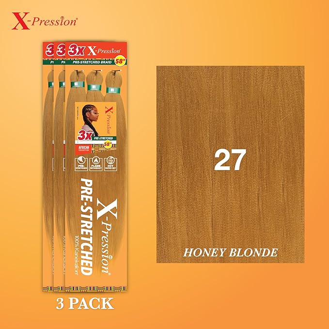 Sensationnel X-pression prestretched braiding hair - 3x braid 58 inch all kanekalon flame retardant synthetic braid for box braids and twists (3 pack, 27 HONEYBLONDE)