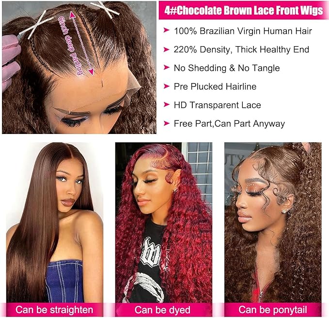 220% Density 13x6 Chocolate Brown Deep Wave Lace Front Wigs Human Hair Pre Plucked Curly Wig Glueless HD Lace Frontal Wet and Wavy Wigs Human Hair for Women 100% Brazilian Virgin Hair 26inch