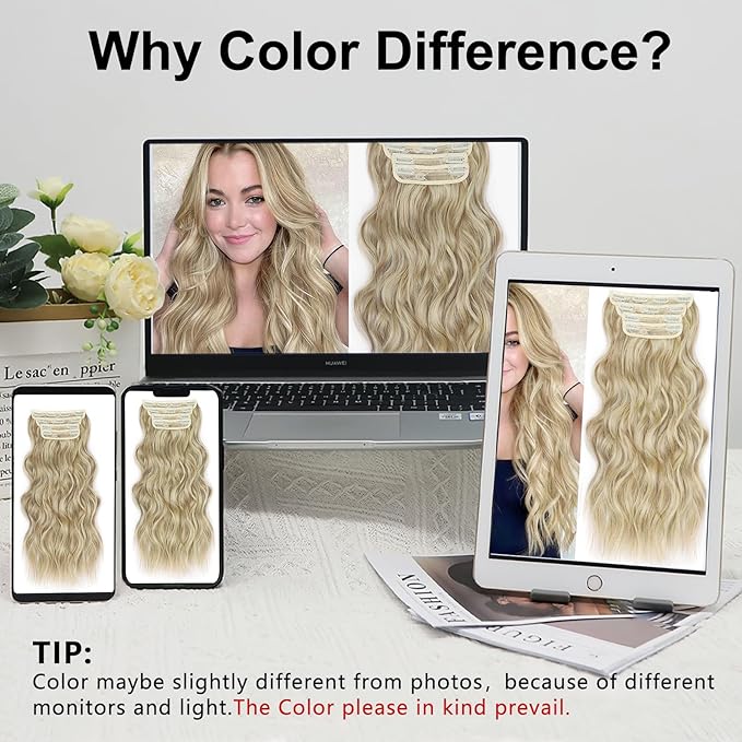 ALXNAN Clip In Hair Extensions,Dirty Blonde Long Wavy Hair Extensions 20 Inch 4PCS Thick Hairpieces for Women