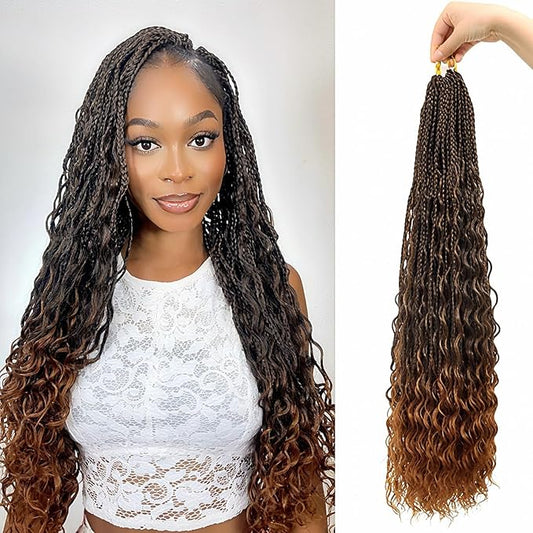 Eacia Goddess Box Braids Crochet Hair 24 Inch 7 Packs Pre Looped Boho Braids Crochet Hair Extensions with Curly Ends(24 Inch, T1B/30#)