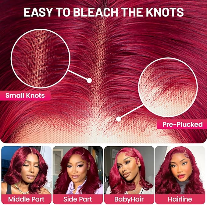 99j Burgundy Lace Front Wigs Human Hair 13x4 Bob Wig Human Hair Pre Plucked 200 Density HD Transparent Body Wave Lace Front Wigs Human Hair Red Colored Short Bob Wig for Women with Baby Hair 14inch