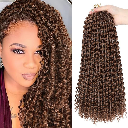 14 Inch Passion Twist Hair, Brown Water Wave Crochet Hair 22 Strands/Pack Passion Twist Crochet Hair For Women Short Passion Twists Braiding Hair Curly Braiding Hair (14 Inch (Pack of 7), #30)
