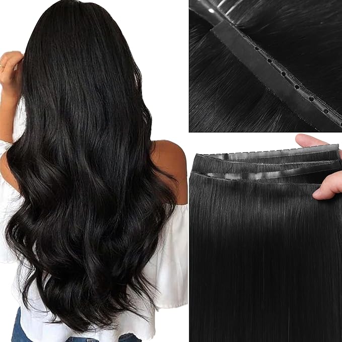 LOXXY Double Weft PU OVO Human Hair Extensions - Invisible Genius and PU Butterfly Weft Hair Extensions Real Human Hair - 18 Inch 100g Jet Black, Width 31.5"(80cm)