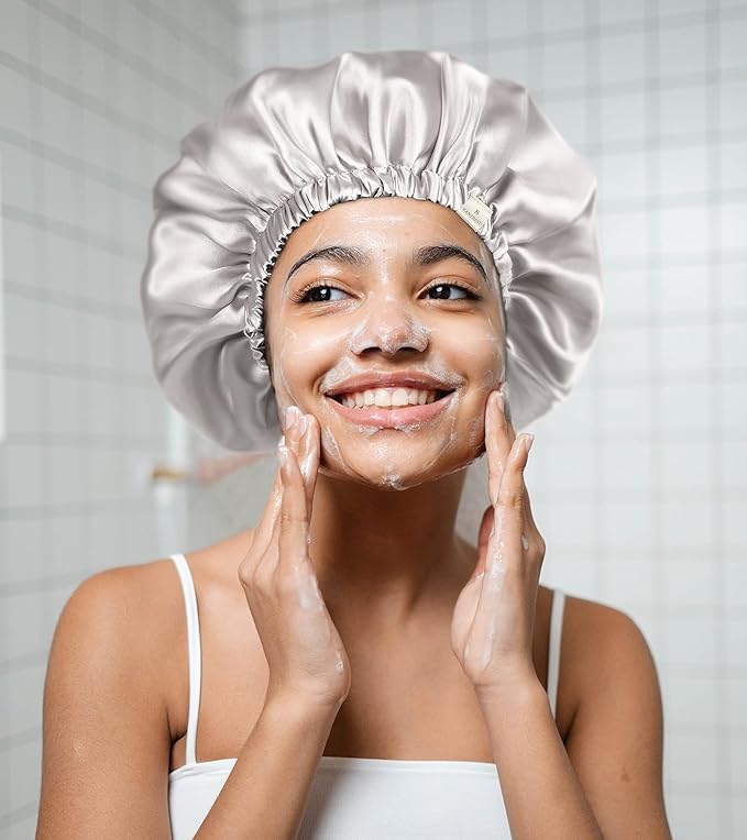 YANIBEST Adjustable Satin Bonnet Double Layer Hair Bonnet for Sleeping Bonnets for Women Hats Curly Natural Hair, Ash Grey