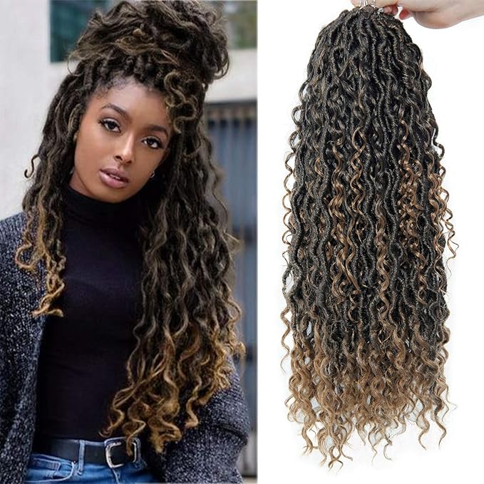 Goddess Locs Crochet Hair 18Inch Faux Locs With Curly Ends Synthetic Crochet Hair Pre Looped Boho Faux locs Bohemian Crochet Braids 4Packs(1B/27, 18inch)