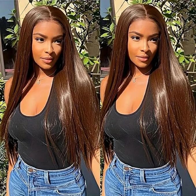 SENSAIRUITE Chocolate Brown Straight Lace Front Wigs Human Hair 13x4 180% Density #4 HD Transparent Glueless Lace Frontal Wigs Pre Plucked with Baby Hair 28 Inch