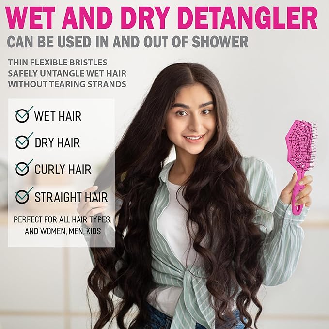 Fiora Naturals Hair Detangling Brush for Women - Detangler Hair Brush w/Flexible Soft Bristles- Gently Glides Through Tangles - Curly, Fine, Dry and Shower Wet HairBrush, cepillo para cabello - Pink