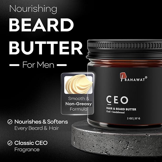 BAHAWAT Hair & Beard Butter for Men Leave-in Conditioner - Oud & Sandalwood scent - Strengthen & Soften– Made in USA -Organic Natural Ingredients | The Best Beard Butter - 2 oz.