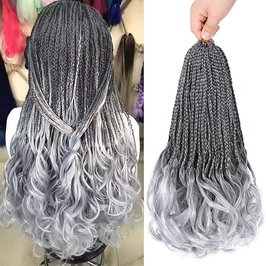 French Curl Crochet Braids 14 Inch Goddess Box Braids Crochet Hair for Women Gray Pre Looped Crochet Box Braid with Curly Ends Synthetic French Curly Braiding Hair Extensions (8 Packs，1B/Gray)