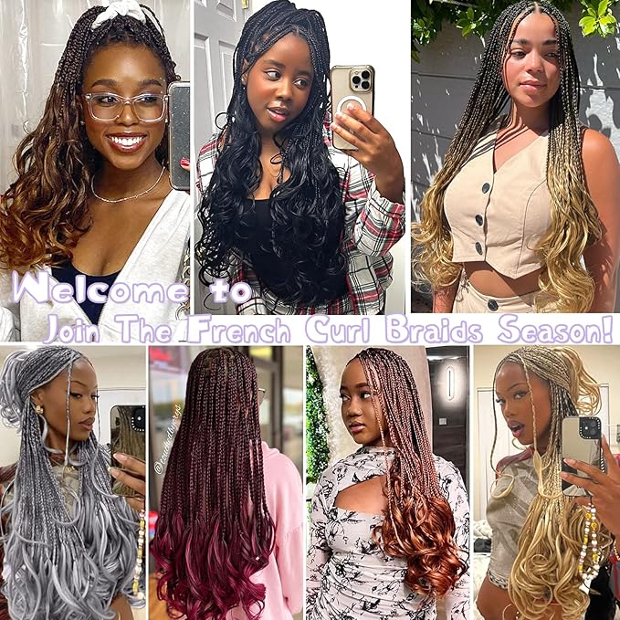French Curl Crochet Braids 18 Inch 8 Packs Goddess Box Braids Crochet Hair for Women Copper Pre Looped Crochet Box Braid with Curly Ends Synthetic French Curly Braiding Hair Extensions 350#