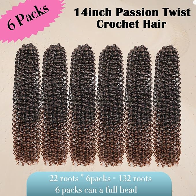 14inch Passion Twists Hair - Ombre Water Wave Crochet Hair for Black Women,Bohemian Curly Braiding Hair for Butterfly Locs,Faux Locs,Boho Style Crochet Braids Hair Extensions(T30#, 132 Strands)