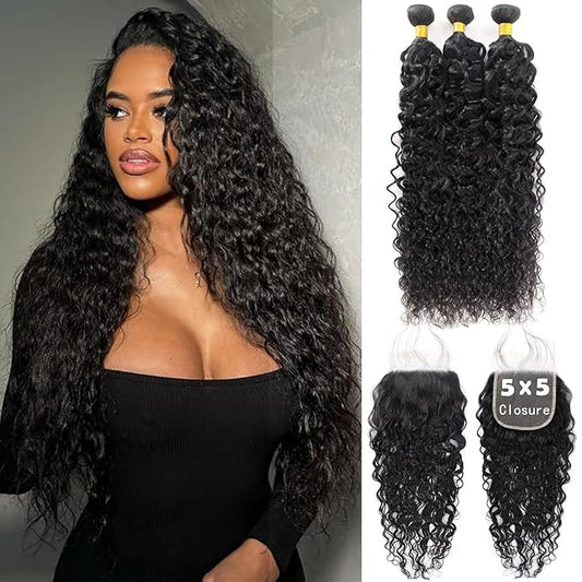 12A Human Hair 3 Bundles with 5x5 Lace Closure (22 24 26+20) 100% Unprocessed Brazilian Water Wave Virgin Remy Hair Ocean Wave Curly Human Hair Bundles with HD Lace Closure Natural Color